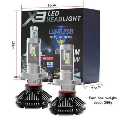 Hot Sale X3 LED Headlight 2PCS Csp H8 H11 Lamp H4 LED H7 H1 H3 Headlight Bulbs for Auto N1 H27 881 H13 H4 LED Autolights 12V 50W 8000lm 6500K