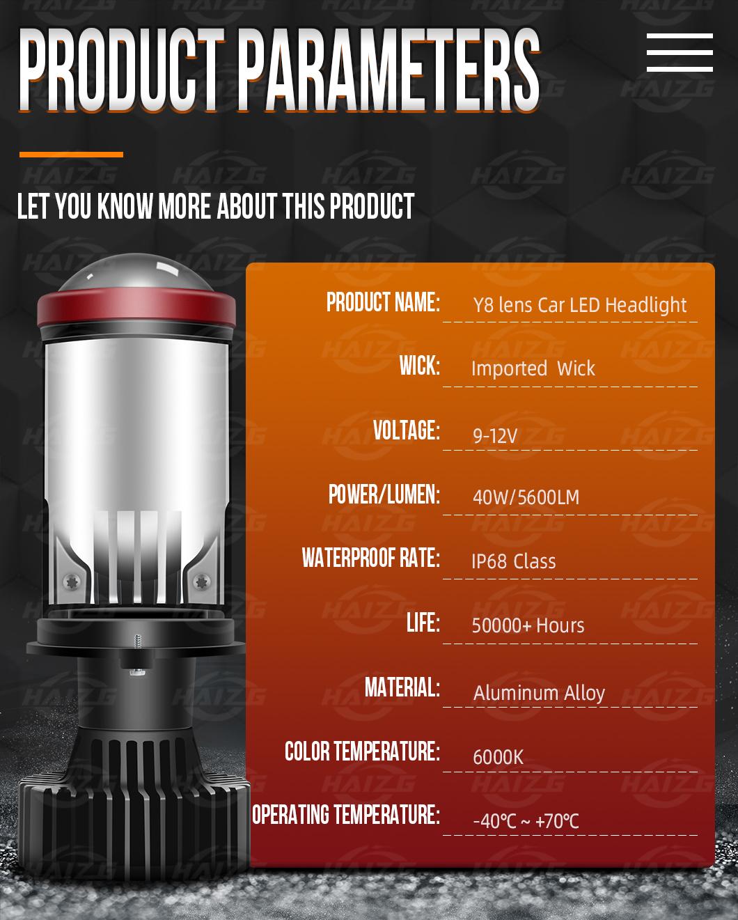 Haizg Imported Wick Y8 Lens LED Headlight Fisheye Lens Spotlight 6000K LED Bulbs 40W H4 Auto Lighting System