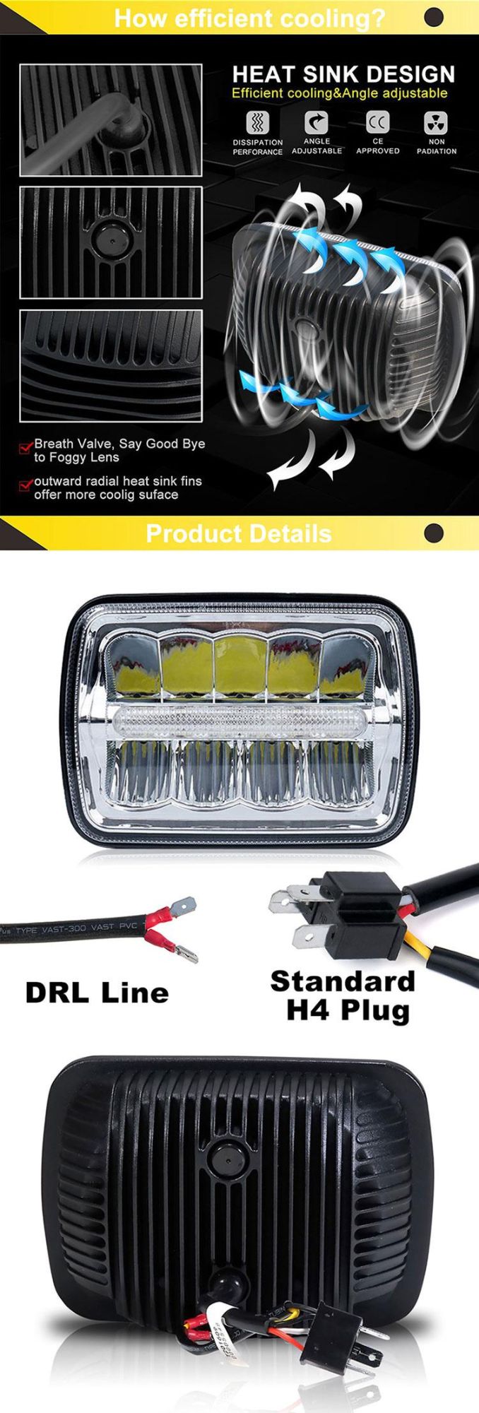 Rectangular Angel Eye Hi/Lo Beam 6500K IP68 12V 5X7 H4 LED Car Headlights with DRL