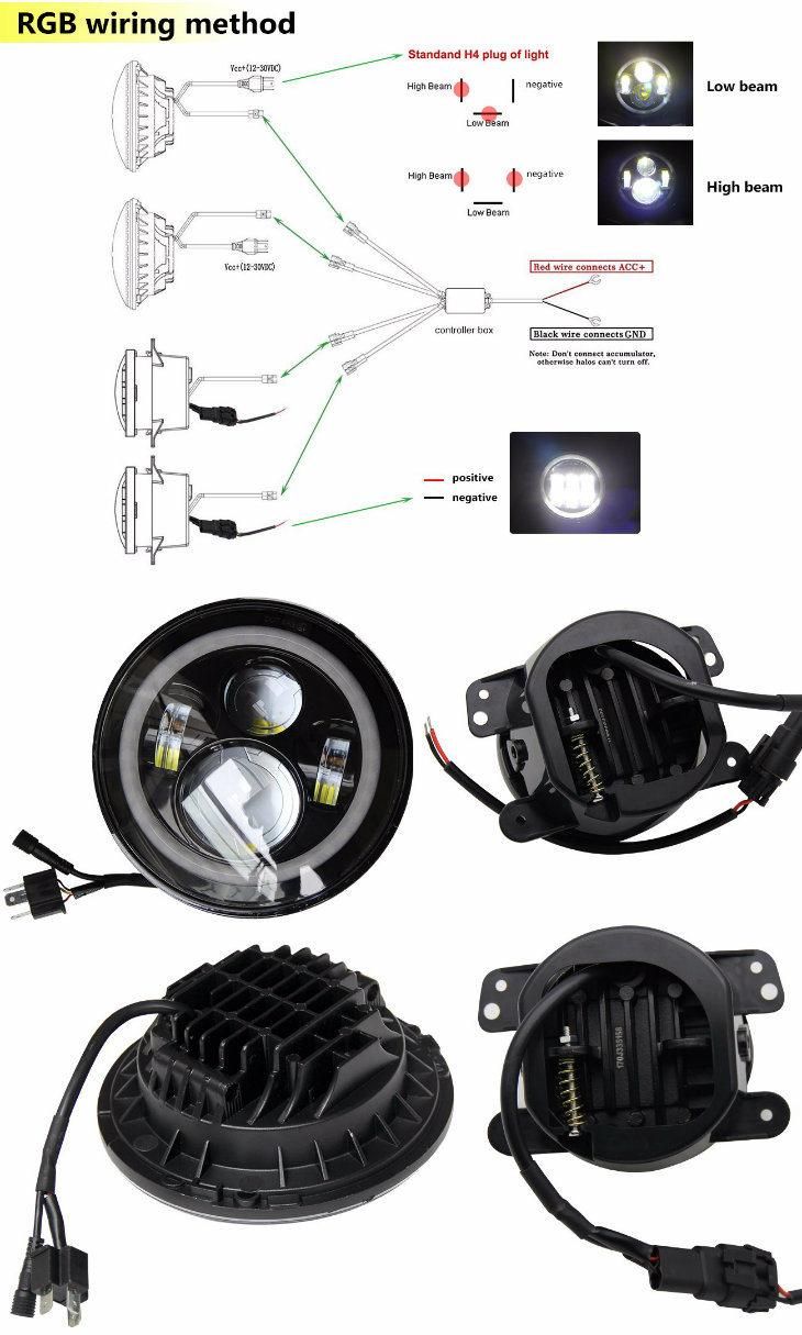 Phone Bluetooth Control Changing Color Halo Ring 4 Inch DRL Fog Light RGB 7 Inch Round Jeep LED Headlight for Conversation Kits