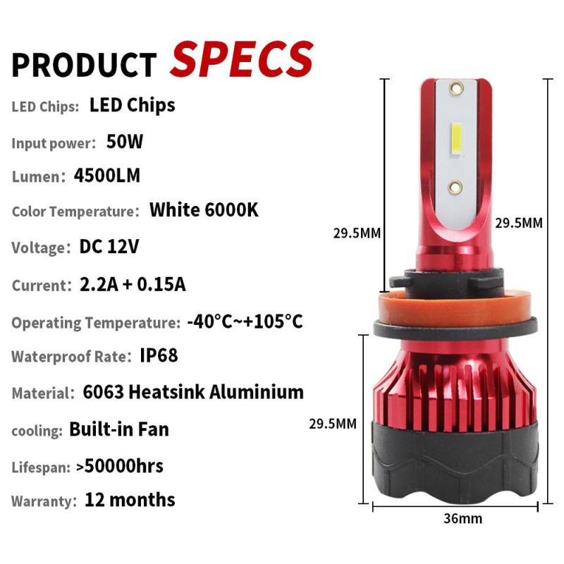 K5 H11 Car LED Headlight with 50W Auto Lamp 6500K Kelvin H4 H7 9006 9005 9007 H13 H15