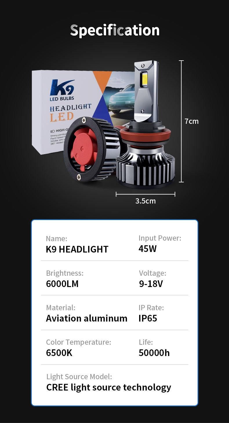 High Quality Canbus Error Free 45W LED Car Light H4 H7 H11 K9 LED Headlight Bulb for Car