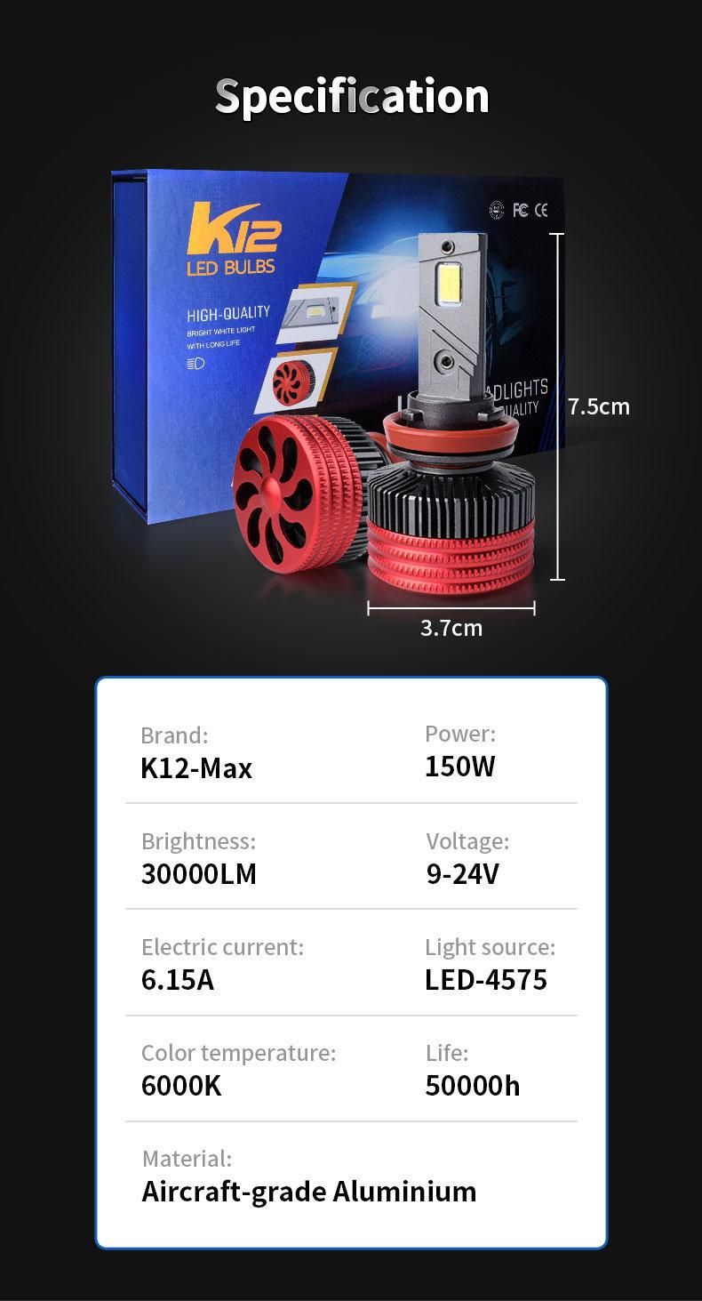 High Quality K12-Max 150W Auto LED Headlights Bulb H11 H7 H4 LED Car Lights