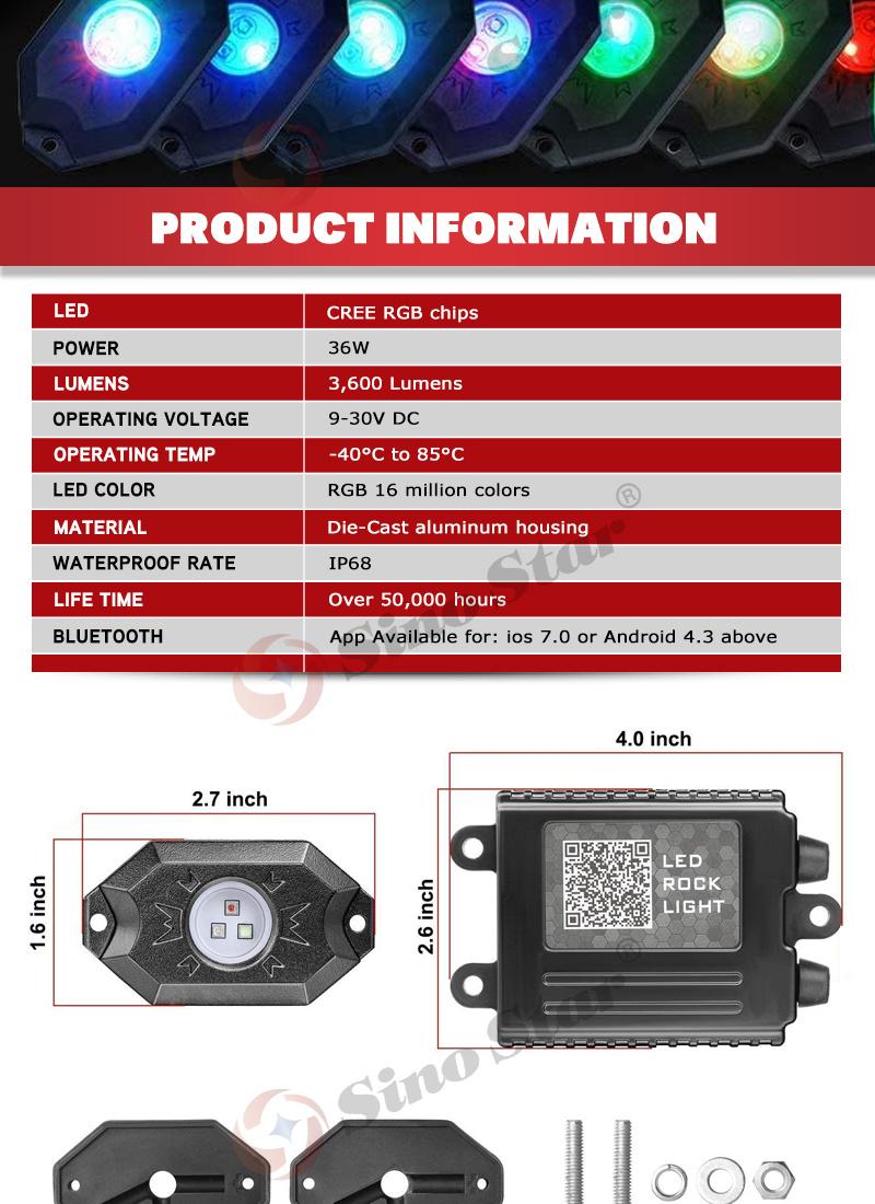 Ss731435 Car RGB LED Rock Light 3600 Lumens/ 12PCS CREE RGB Chips Die-Cast Aluminum Housing