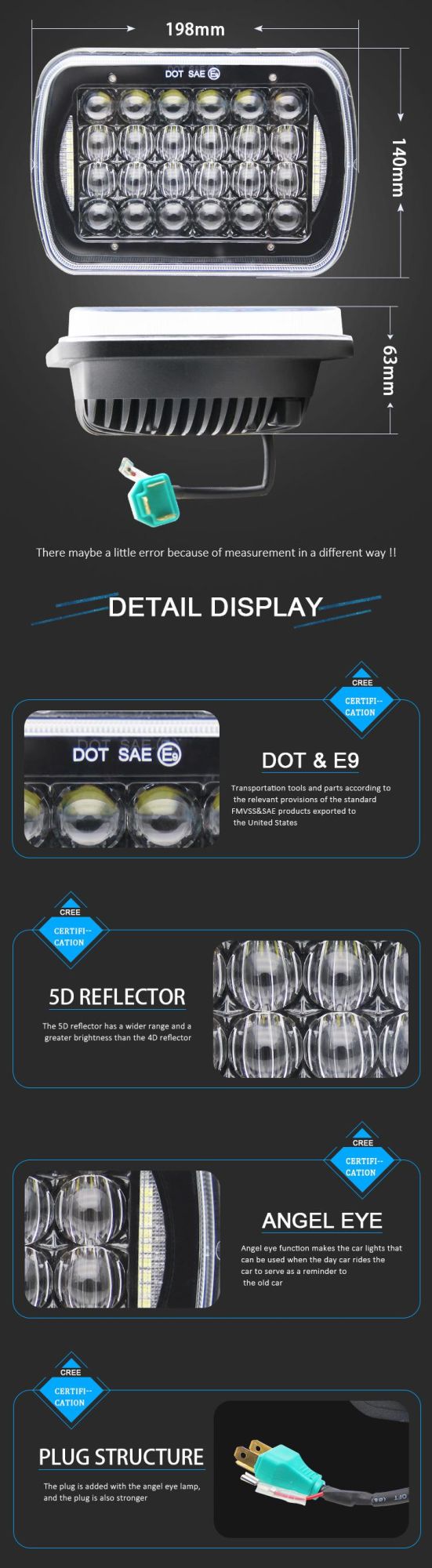 Square 12 Volt 48 Watt Watreproof IP68 H6014 H6052 H6054 6054 H5054 H6054ll 69822 6052 6053 7X6 5X7 DRL Jeep Truck LED Headlight