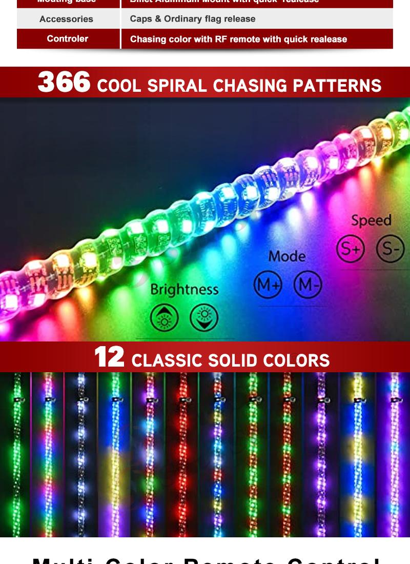 Swl2-5FT 2PCS Frost Tube Static Color Whip Light 5 Feet RGB Custom Color Lighting up off Road Whip Flag Glowing Whip Antenna