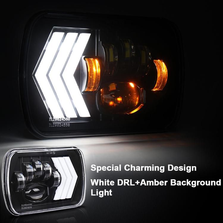Jeep 55W 7X6 5X7 Inch Headlight Assembly Replacement with White DRL Amber Turn Signal Amber/Red Background Color High Low Beam Sealed Beam LED Headlight