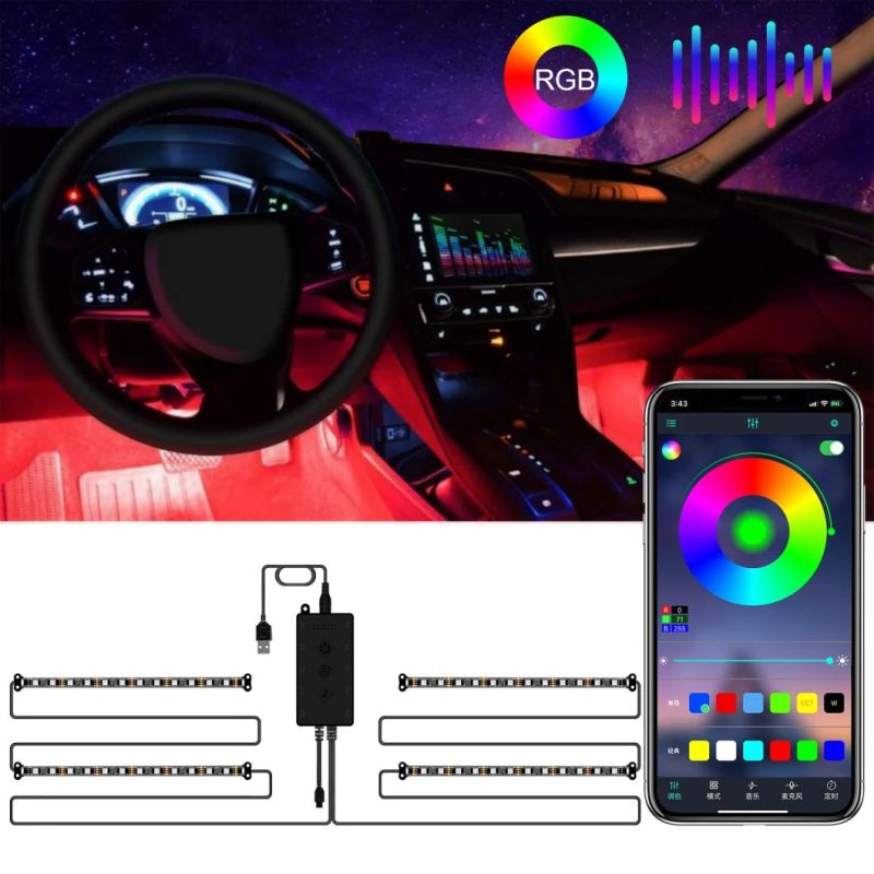 4PCS 48LED 5050 RGB Car Interior Atmosphere Strips Light USB Bluetooth APP IR Remote Decoration Light