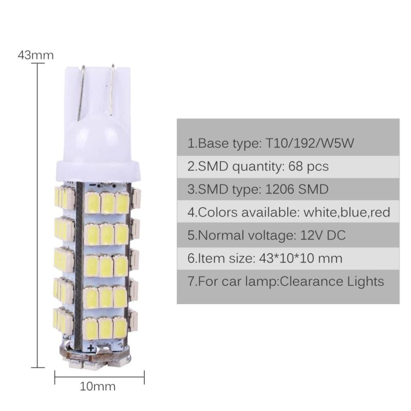 T10 1206 68 SMD White LED Bulbs W5w 194 927 161 Socket Type LEDs Cars Pathway Lighting Reading License Plate Light