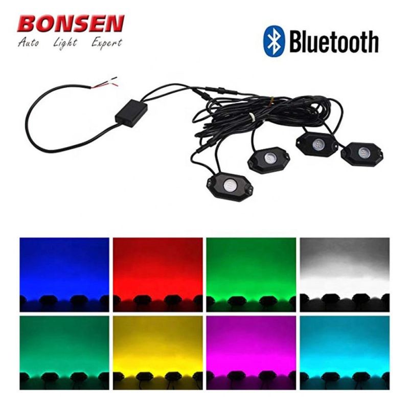 4 Pods LED Waterproof Rock Light RGB Multicolor APP Bluetooth Control Music Flashing Car Underbody Rock LED Lights