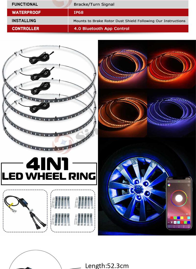 Sw7611537 Newest 4 in 1 Car LED Wheel Ring Lights RGB 5050 SMD LED Chips 15.5 Inch Bluetooth Control Single Row Light Strip