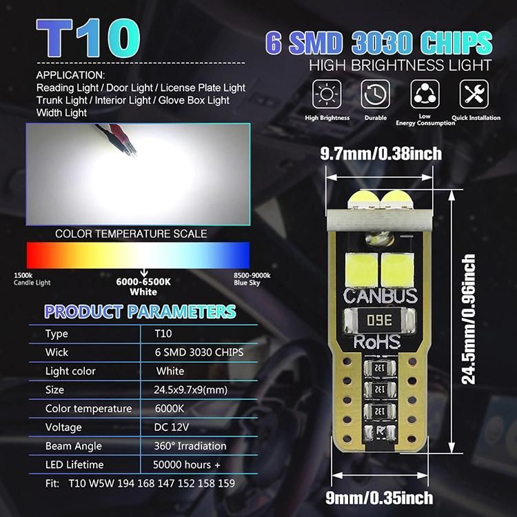 So. K Hot Selling Auto LED Bulb T10 LED W5w 194 4014 15SMD LED T10 Canbus Interior Light for Car License Plate Light