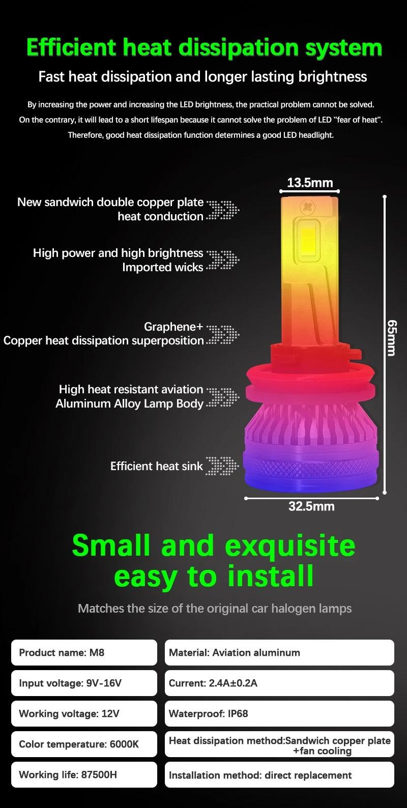 M8 LED Csp 3570 Chip LED Head Light with Fan LED H7 H4 LED Headlight