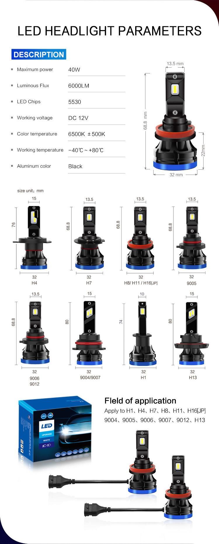 LED Automotive Light K9 H4 H7 12V 8000lm for Driving Light 