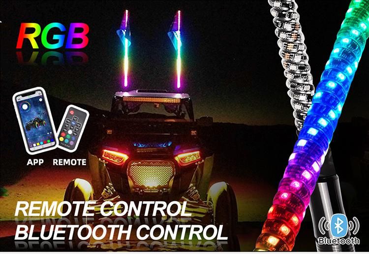 ATV UTV Buggy Truck Brightness Spiral Quick Release IP68 12V Bluetooth RGB Color Safety Lighted Flag LED Antenna Flag Pole