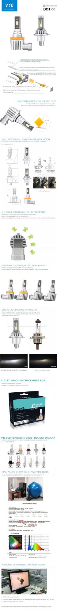 All in One Design V10 30W 3000lm Car H4 H13 H7 H8 H9 H11 LED High Low Beam Headlight Bulbs