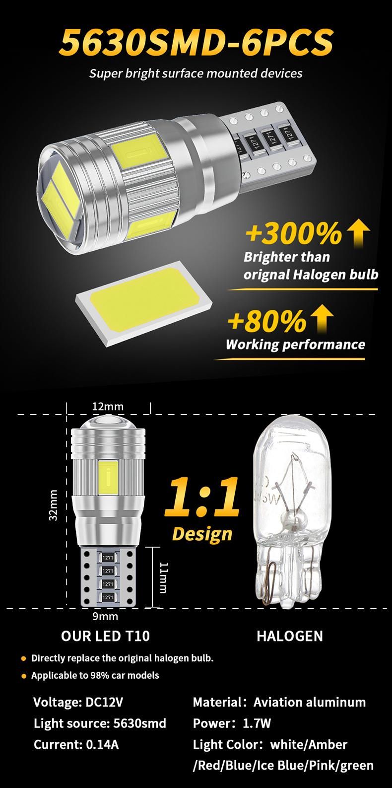 12V W5w T10 5630 6SMD Canbus Car Parking Lights with Lens Decoding License Plate Reading Light Bulb