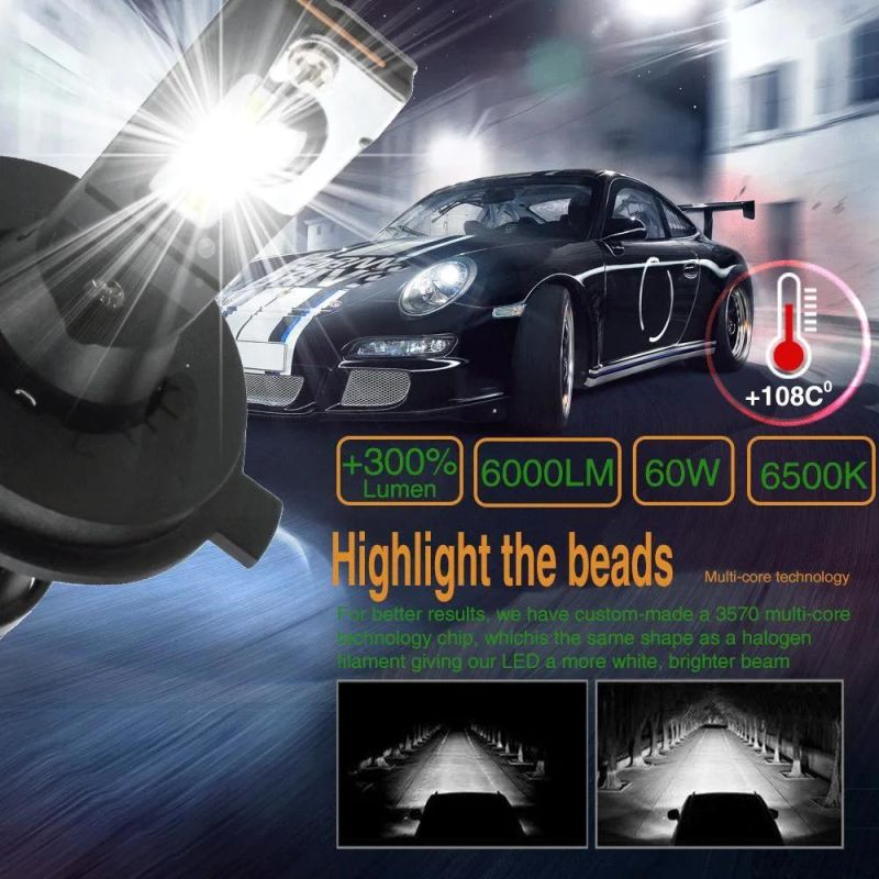 360 H7 6000K H4 60W H11 LED Headlight Bulb for Vehicle