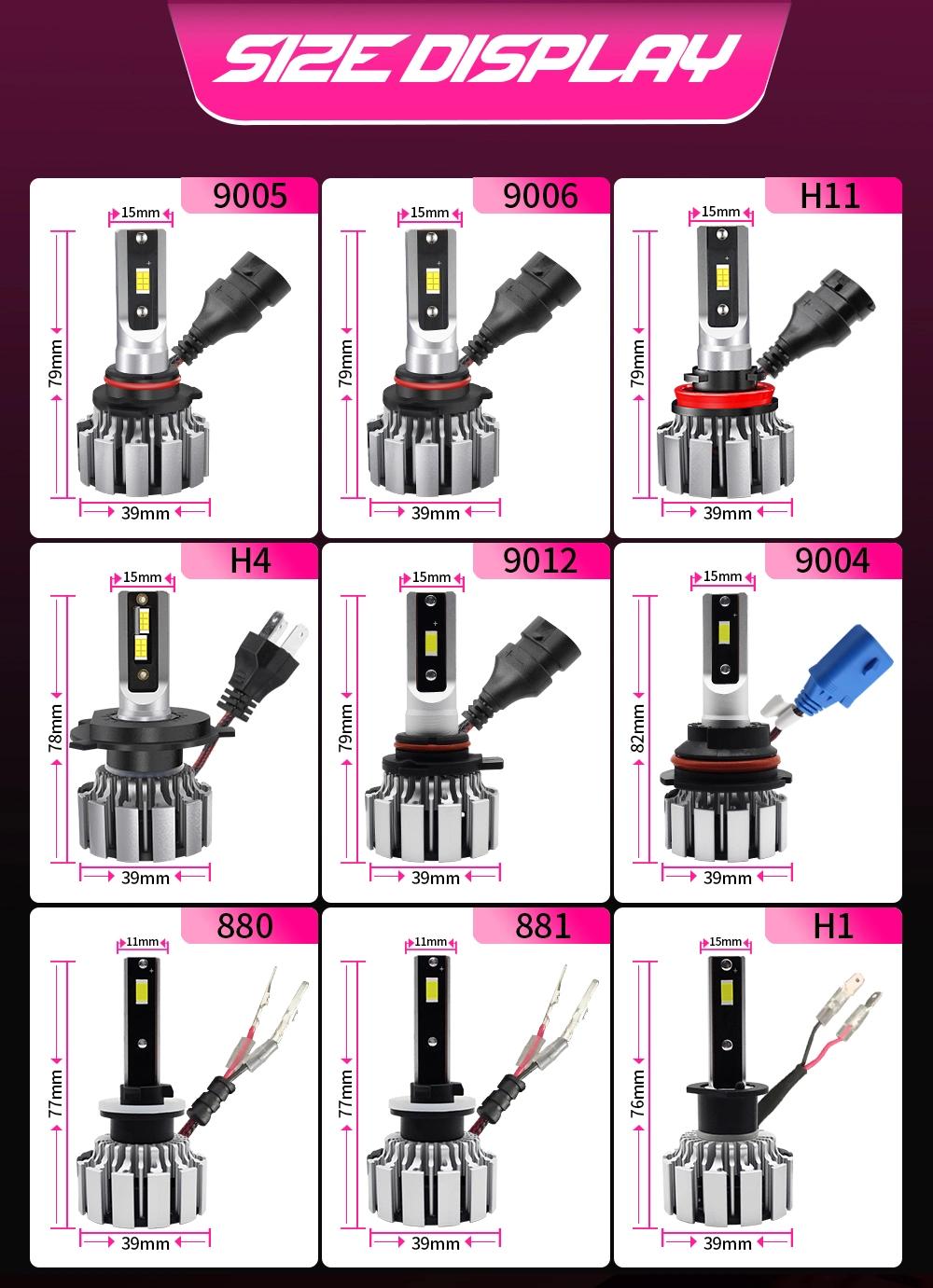 2022 100W 20000lm T3 LED Headlight Bulbs H1h4 H7 H13 9004 9005 with 6000K H/L Beam Lamp for Motorcycle Car