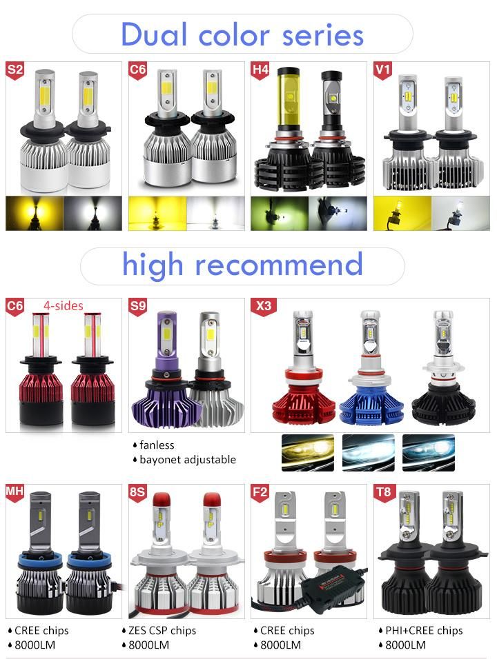 Dual Color High Power Super Bright Headlight 3000K 6500K Yellow F2 COB 16000lm Auto Lighting System H4 H7 LED