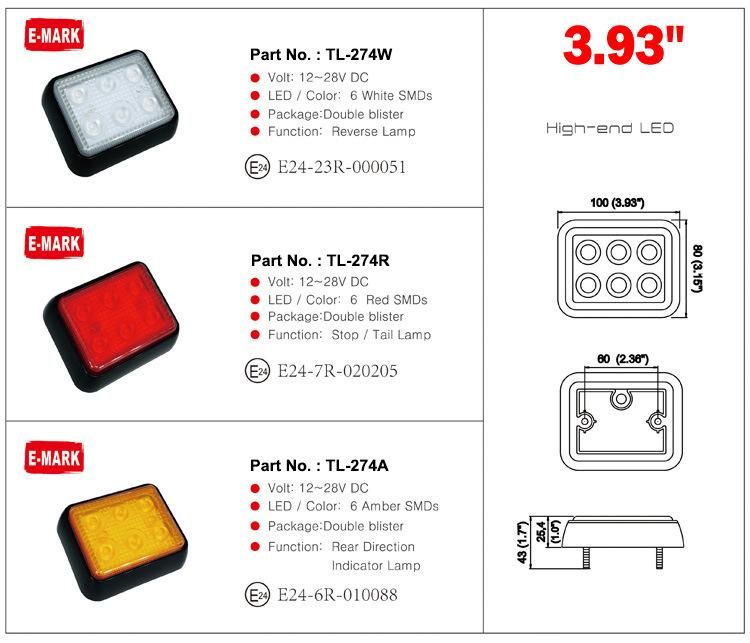 Emark 12-24V LED Rectangle Vehicle Stop Turn Rear Tail Lights for Truck Trailer Marine with E-MARK