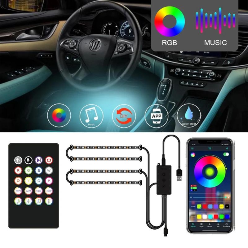 4PCS 48LED RGB in-Car Interior Atmosphere Light Strip Bar Bluetooth APP Music Control for Christmas Decoration Light