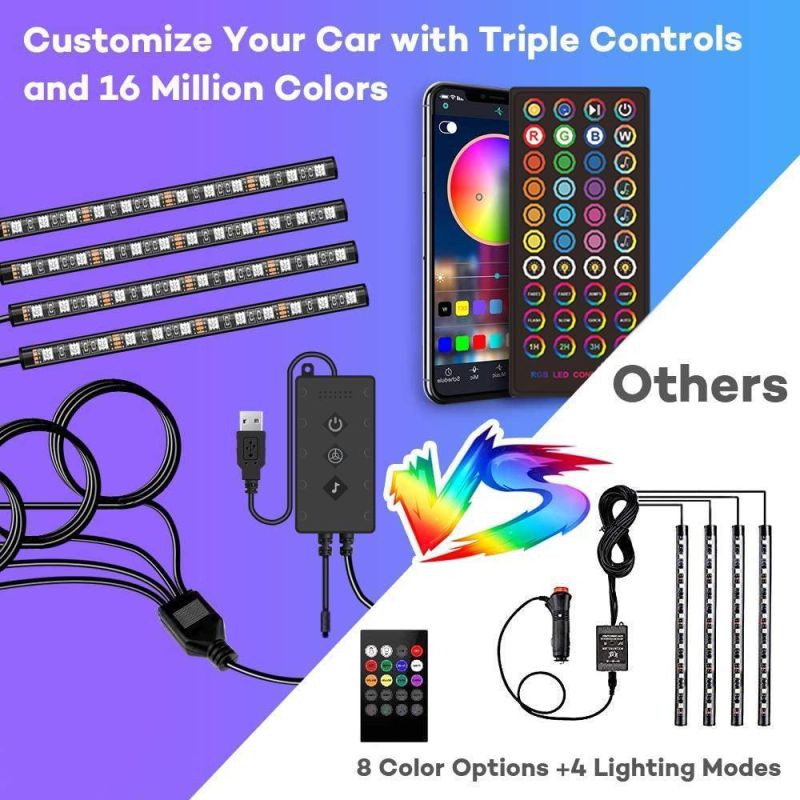 4PCS Waterproof Auto Atmosphere RGB Bluetooth Control Car Interior LED Strip Light