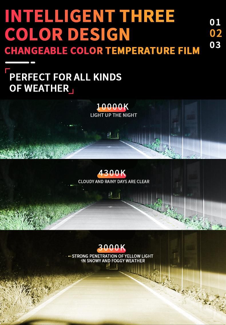 Auto Lighting System Triple Color 48W 3500lm High Low Beam Motorcycle H11 LED Headlight