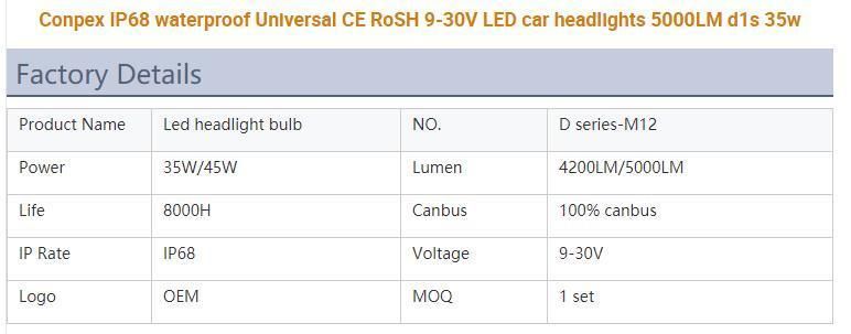 Conpex IP68 Waterproof Universal CE Rohs 9-30V LED Car Headlights 5000lm D1s 35W