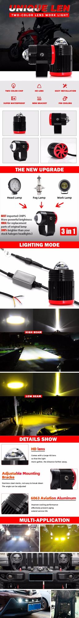 Motorcycle ATV SUV Tractor High Low Beam Dual Color Mini LED Working Driving Headlight Drive Lamp LED Fog Light