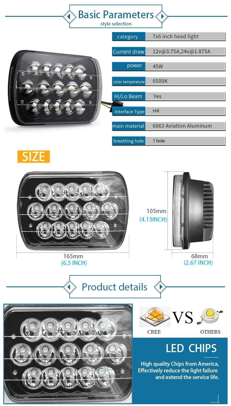 New Arrival IP68 Rectangular H4 Hi/Lo Beam 6500K 45W 12V 5X7 Car LED Headlight