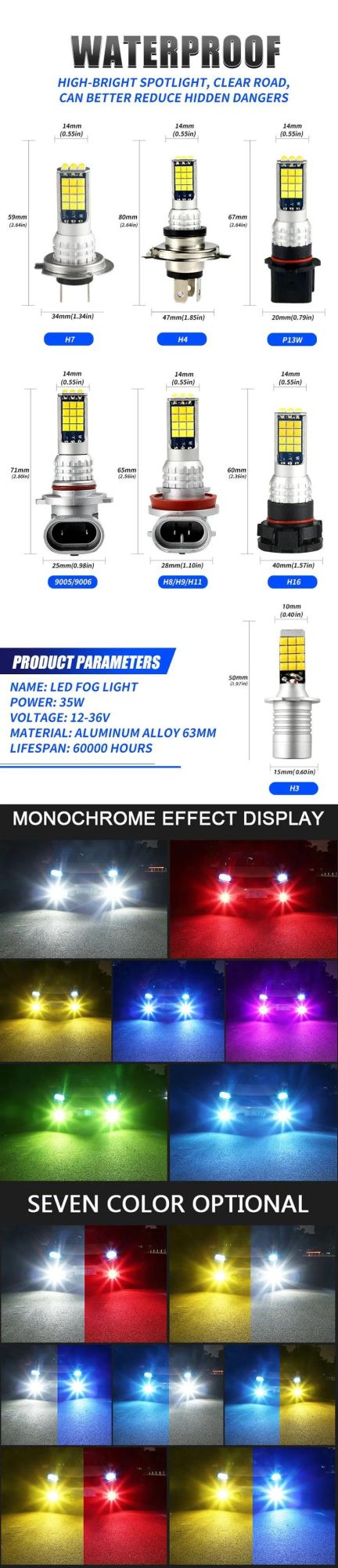 Fog Lights 30SMD H3 H4 H7 P13W Dual Color LED Car Light 9005 9006 H8 H9 H11 H16 Fog Lamp Automotive Day Running Lights