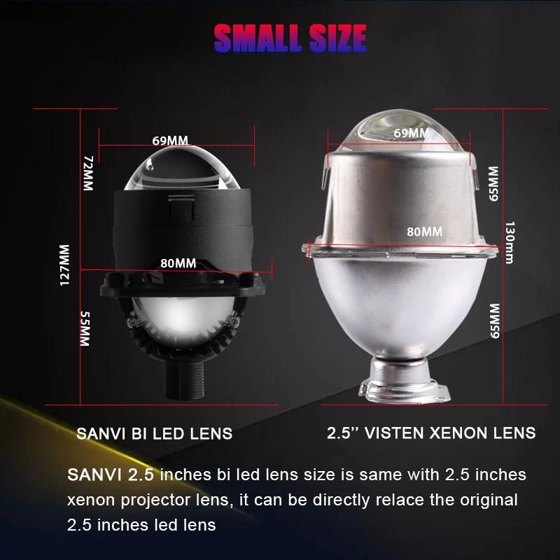 Sanvi 12V 25 Inch 45W 6000K Rhd LHD Bi LED Projector Lens Headlights Car Auto Motorcycle Bike Factory Aftermarket Blue Lens LED Auto Lamps