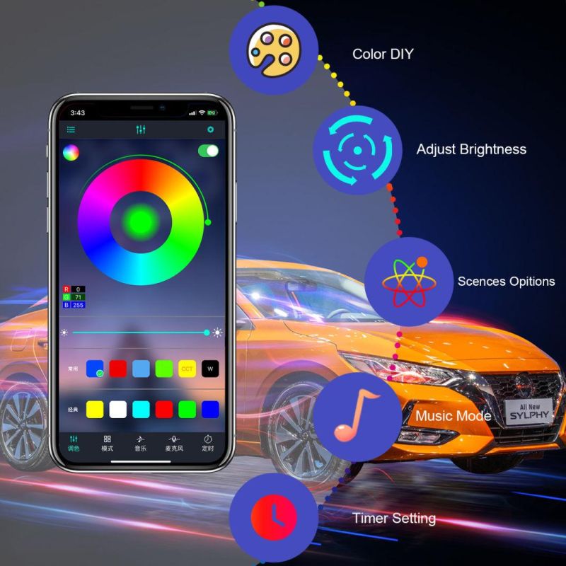 4PCS Waterproof Auto Atmosphere RGB Bluetooth Control Car Interior LED Strip Light