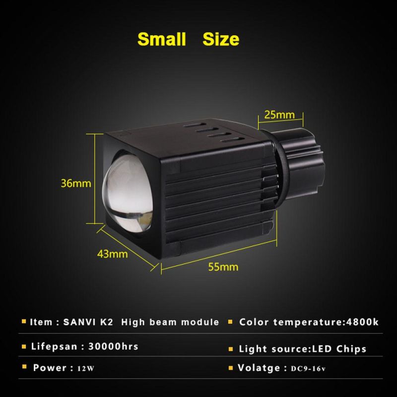 Sanvi K2 12V 12W 4300K LED Projector Glass Lens Headlights for Car Auto Motorcycle Universal Fitting Waterproof Work Lights Lightings Headlamp