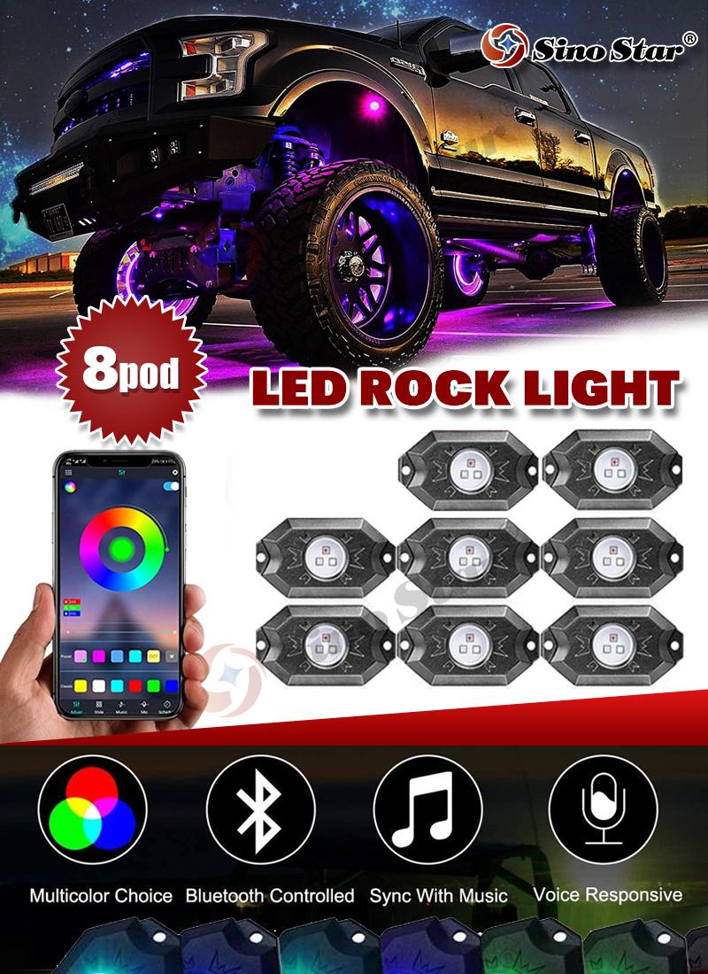 Ss731835 8 Pods RGB LED Rock Lights with Bluetooth Controller Remote Multicolor Neon LED Light Kit for Music Mode Flashing