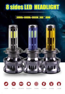 Car Styling 3 Color 3000K 6500K 8000K All in 1 80W 360&deg; Bright COB Auto LED 9006 9005 H11 H4 H7 LED Headlight 12V