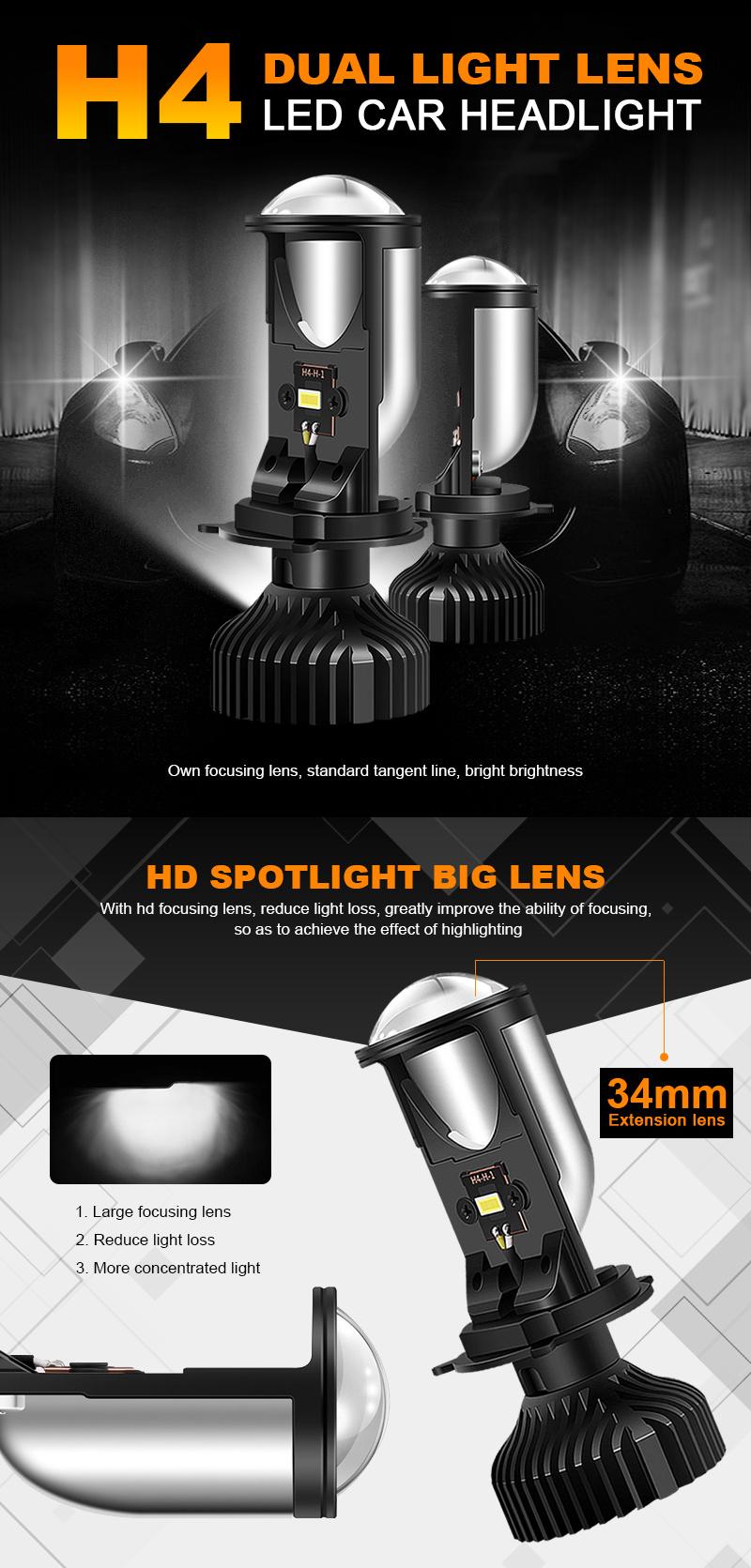 2 PCS/Set Y6d H4 6000K Auto Lamps Motorcycle Car Headlight Bulbs LED Headllight Mini Lens Far and Near Integrated Fisheye Headlight