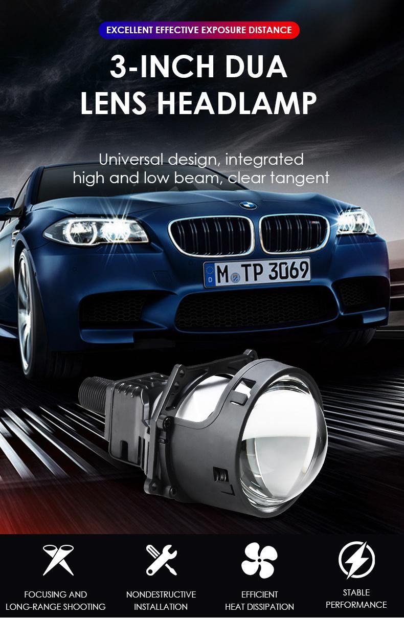 80W 3.0 Inch Car LED Projector Headlight High Low Beam White Bi LED Projector Lens for Car