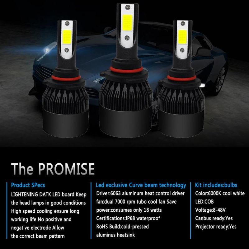 1PCS COB 9006 9005 H1 H11 H4 9004 H7 Hb4 C6 72W 8000lm LED Car Headlight Kit Turbo Light Bulbs 6000K Black