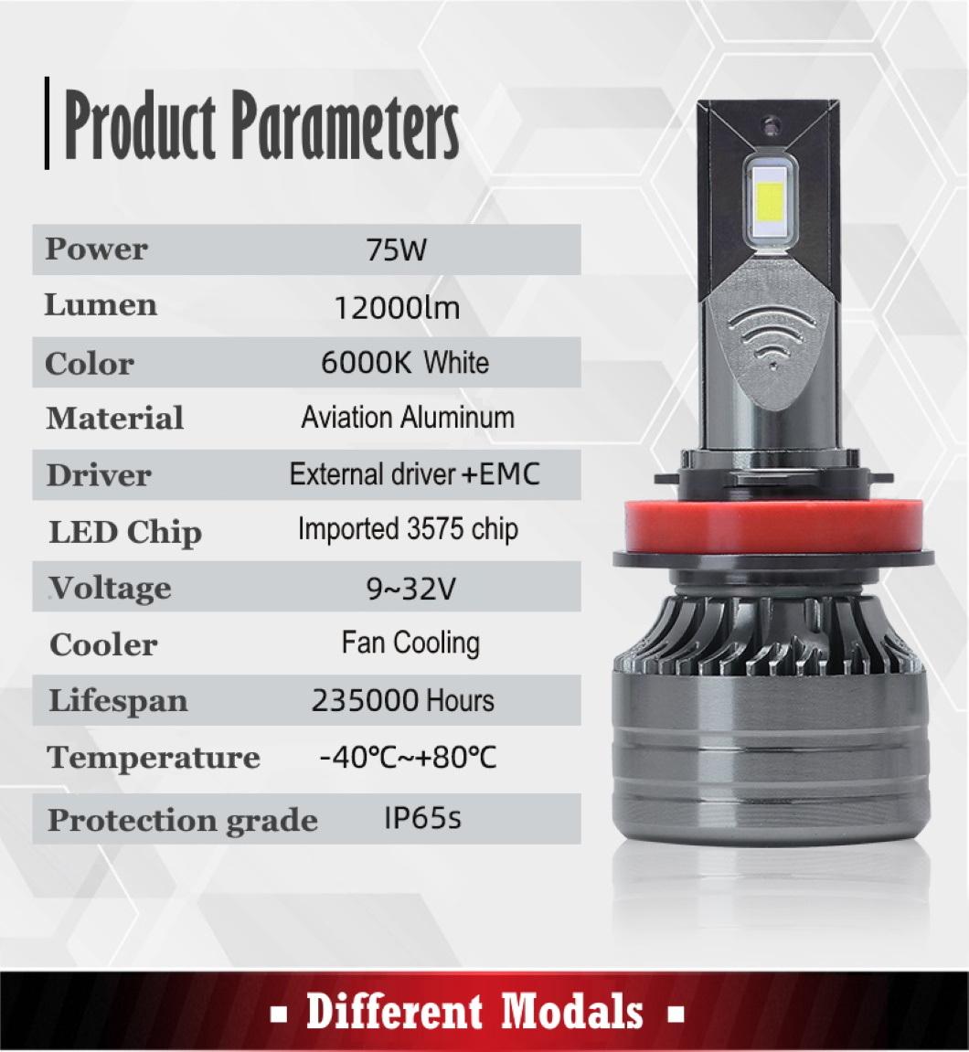 Super Bright Car Headlight H4 H7 LED Headlight High Quality LED Bulb 75W 12000lm