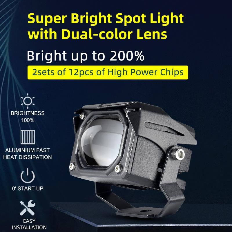 Motorcycle 30W LED Spotlight Headlight Dual Colour LED Lens Hi/Low Beam Driving Spot Fog Lights External