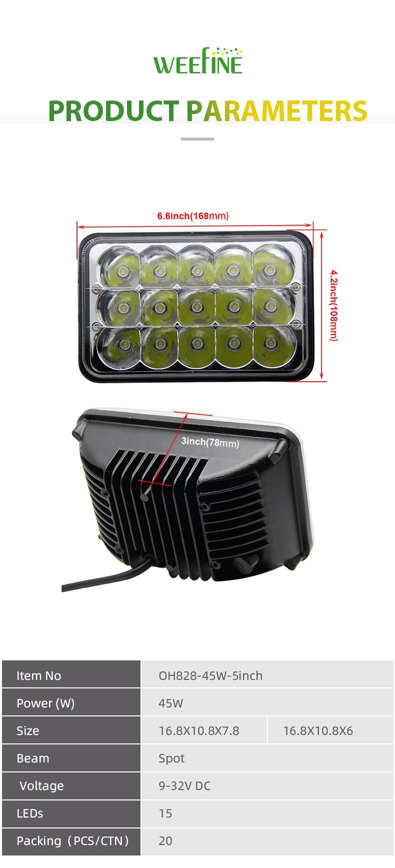 5inch 45W Rectangle Auto Offroad Spot Beam LED Driving Light for Trucks