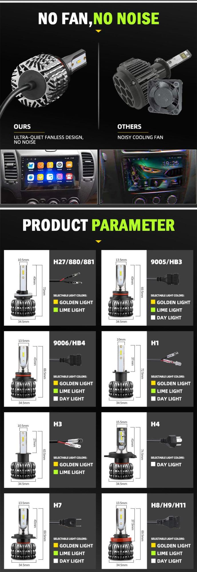 High Lumen Fanless 12V Amber Lemon Green Auto 9006 9005 H11 H7 H4 LED Headlights for Cars
