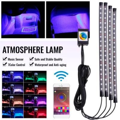 4 PCS LED Interior Car Bluetooth APP Remote Control Light Music Voice Control Auto LED Lighting Strip LED Light RGB LED Tape