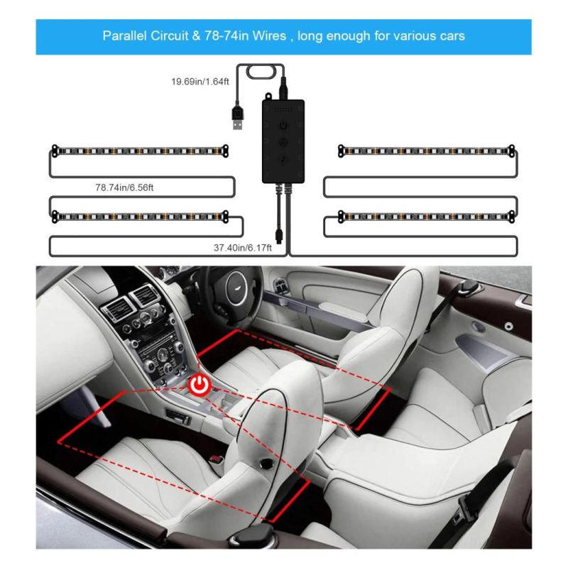 4PCS 48LED 5050 RGB Car Interior Atmosphere Strips Light USB Bluetooth APP IR Remote Decoration Light