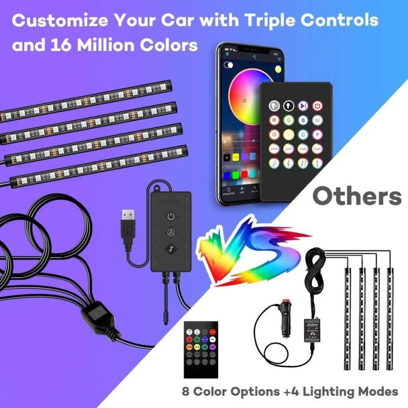 4PCS 48LED RGB in-Car Interior Atmosphere Light Strip Bar Bluetooth APP Music Control for Christmas Decoration Light