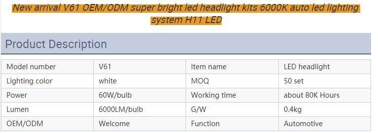 New Arrival V61 Rts Super Bright LED Headlight Kits 6000K Auto LED Lighting System H11 LED