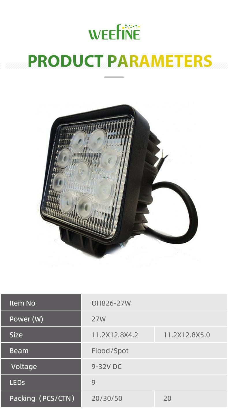 27W 4X4 off Road Auto Car Truck Flood Square Offroad Working LED Light Bar with White Color