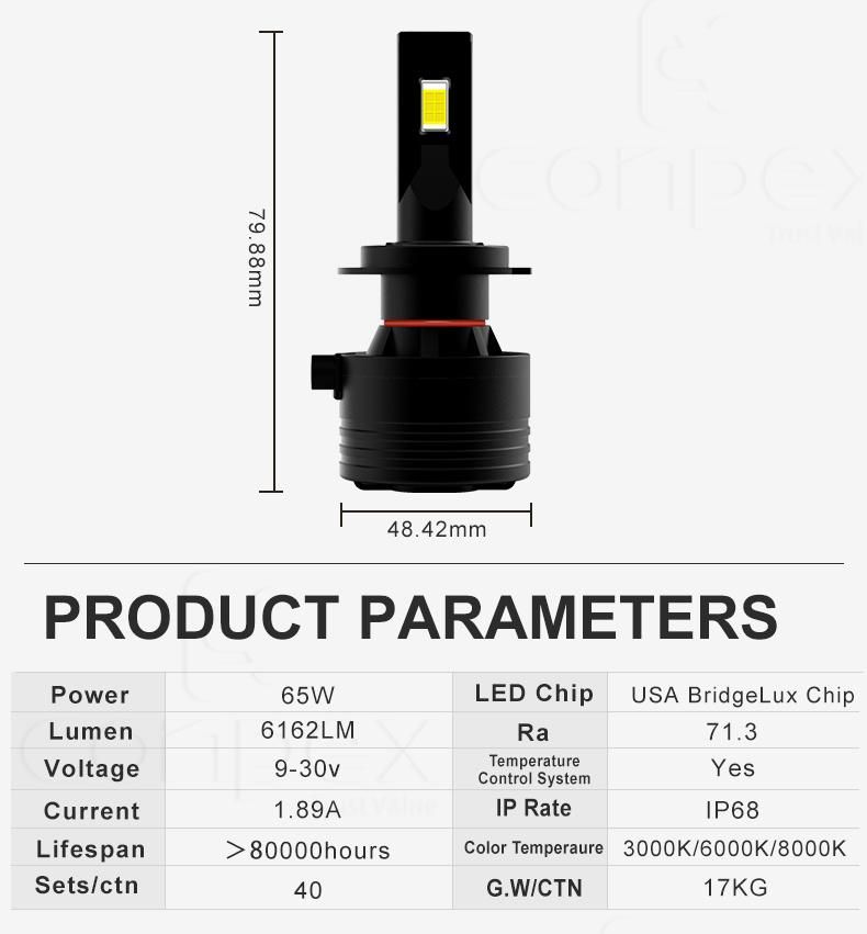 Conpex New Arrival Super Brightness 65W Auto Car H4 9006 9012 6000K White Lighting H7 LED Headlight Bulbs